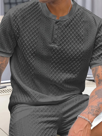 Herren Sommer Set – Strukturierte Freizeit Zweiteiler mit Knopfleiste, Kurzarm und Stehkragen