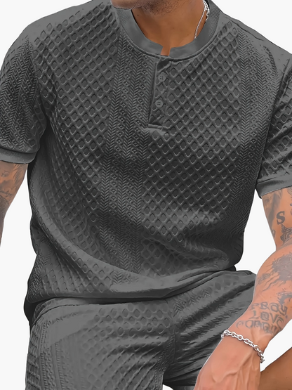 Herren Sommer Set – Strukturierte Freizeit Zweiteiler mit Knopfleiste, Kurzarm und Stehkragen