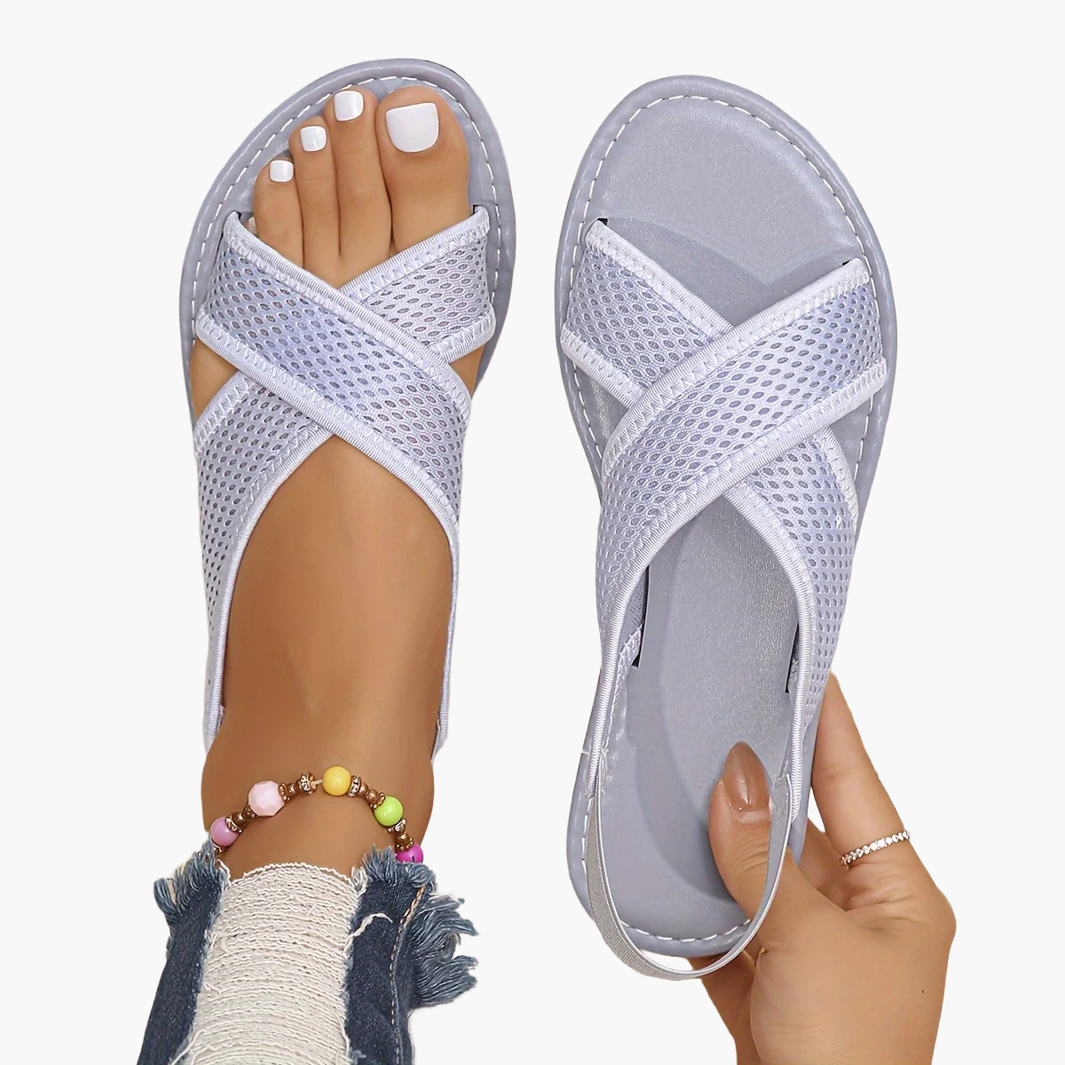 Women's Summer Sandals with Cross Straps and Mesh Design – Comfortable Slip-On Casual Slides
