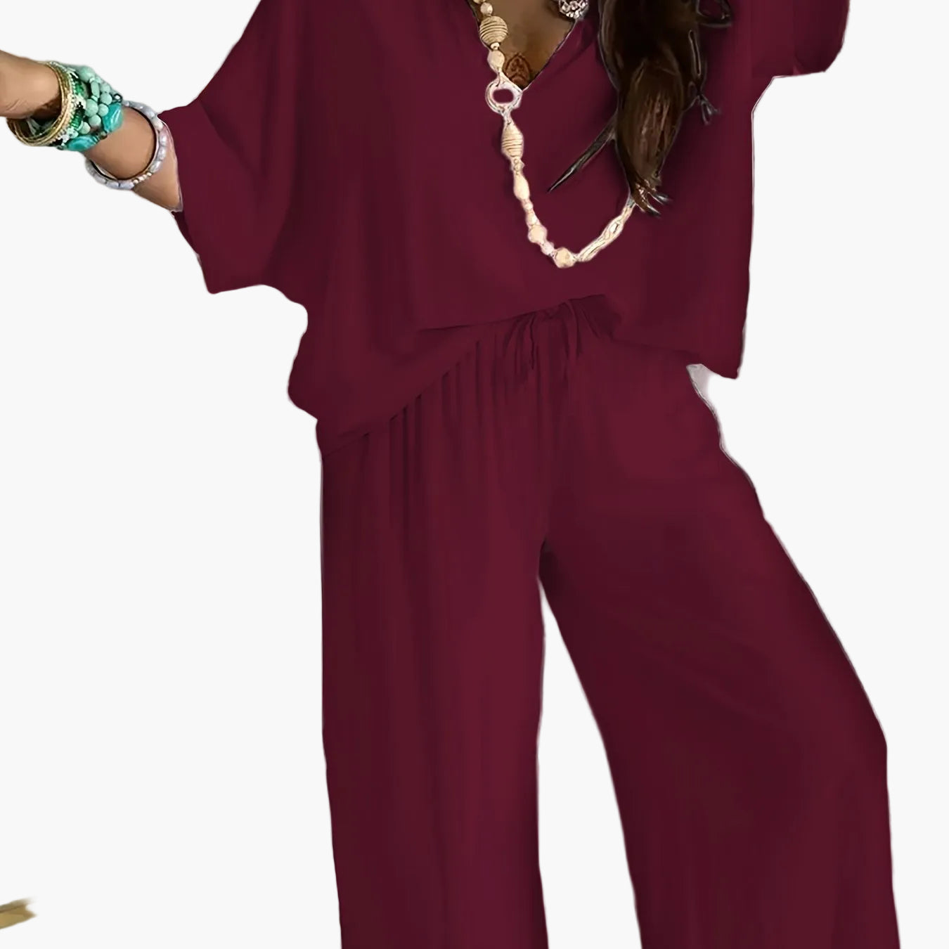 Women's Loose Lounge Pants & V-Neck Blouse Set – Elegant Casual Outfit for Everyday and Vacation