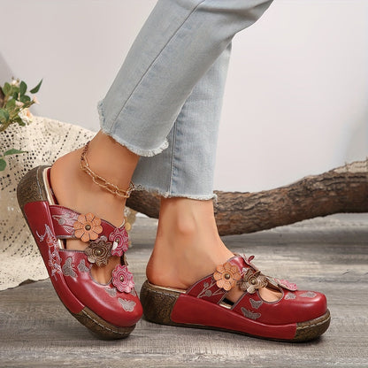 Women's Comfortable Wedge Heel Clogs with Flower Appliqué – Casual Boho Slip-On Shoes