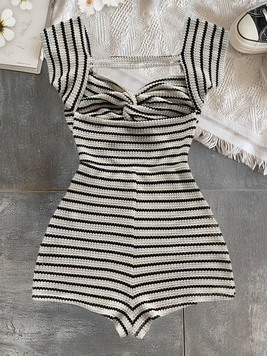 Women's One-Piece Knit Jumpsuit with Stripes and Twist Front – Fashionable Summer Jumpsuit
