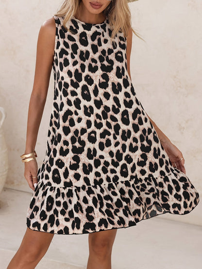 Women's Summer Dress with Leopard Print – Sleeveless Casual Dress with Ruffle and A-Line Cut