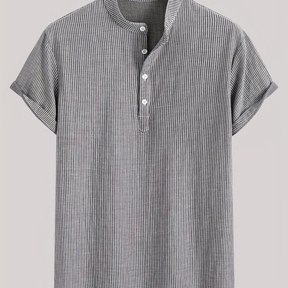 Men's Short Sleeve Henley Shirt with Stand Collar and Stripes – Modern Casual Shirt