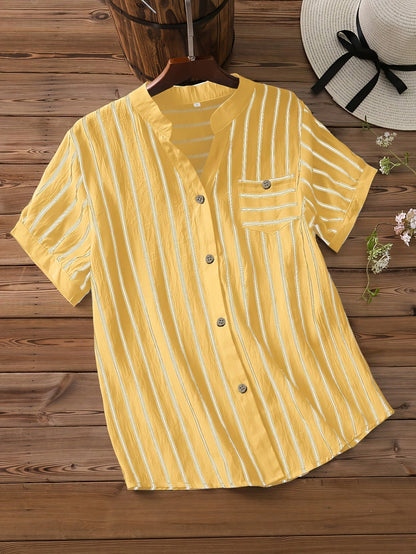Women's short-sleeve blouse with stand-up collar and button placket – Casual stripes, summer tunic, office & leisure