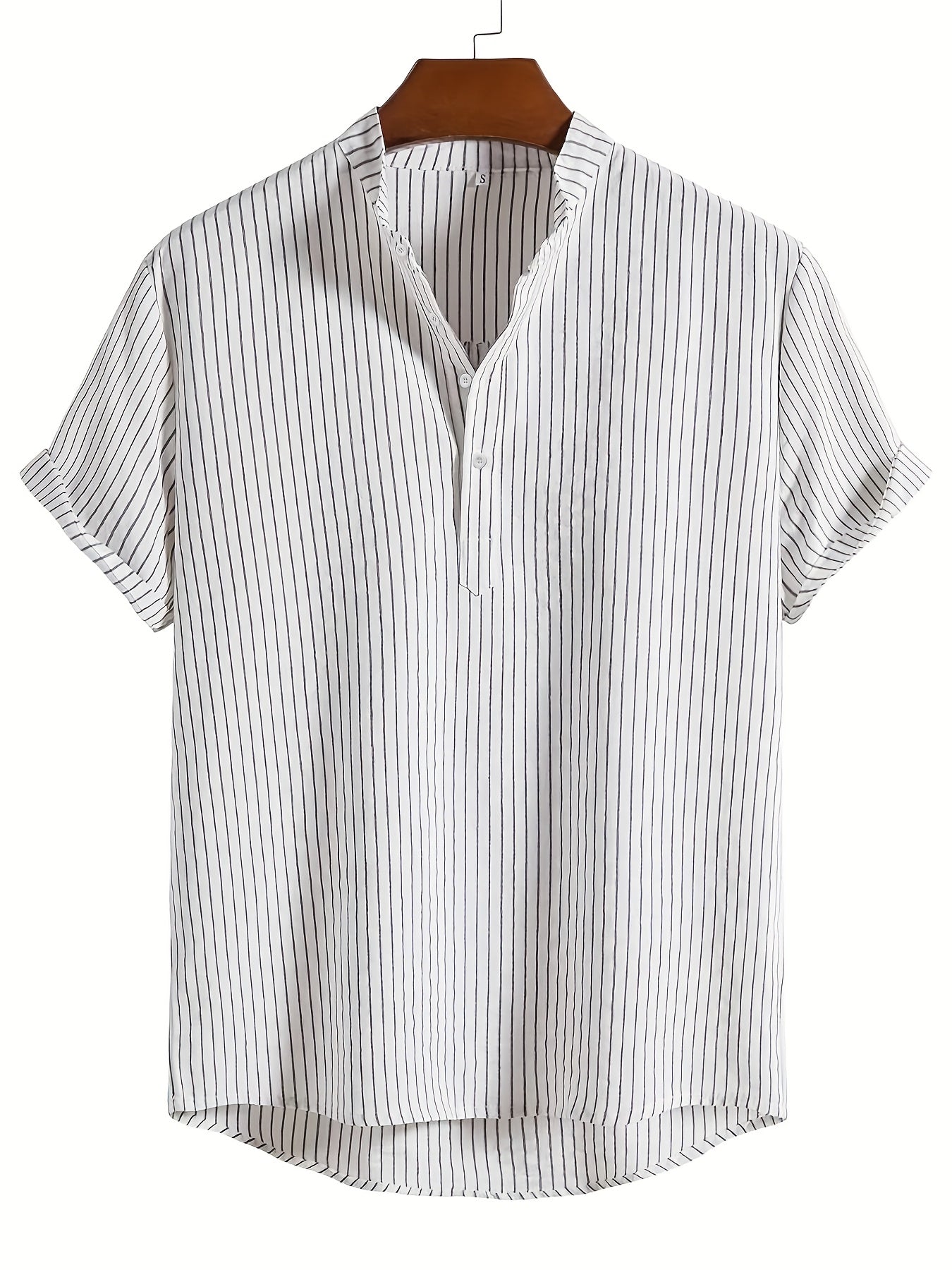 Men's Casual Short-Sleeve Shirt with Stand-Up Collar and Button Placket – Striped Regular Fit Summer Shirt