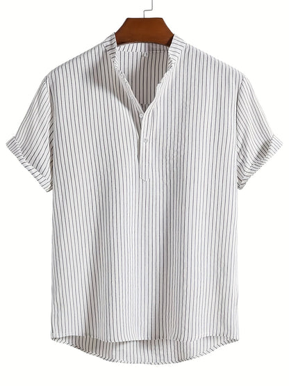 Men's Casual Short-Sleeve Shirt with Stand-Up Collar and Button Placket – Striped Regular Fit Summer Shirt
