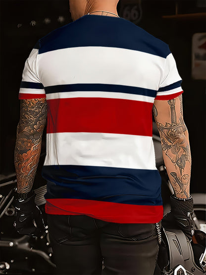 Men's Casual T-Shirt with Block Stripes and University Logo – Perfect for Everyday and Leisure