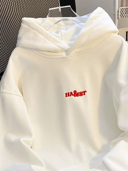 White hooded sweatshirt with red embroidery