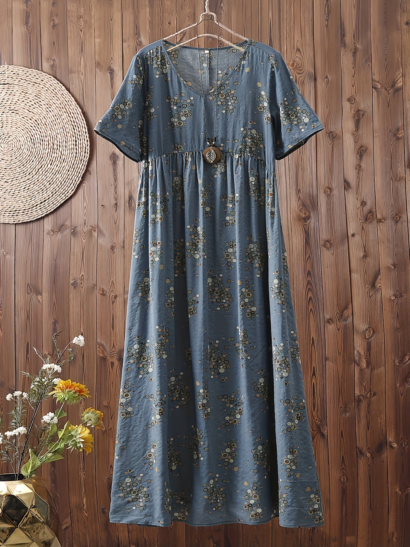 Women's Boho Maxi Dress with Floral Pattern and V-Neck, Casual, Summer, Plus Sizes