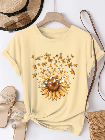 Women's T-shirt with Sunflower and Butterfly Print, Casual Style, Spring/Summer