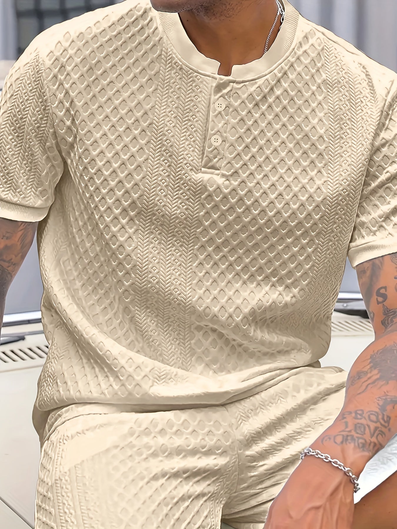 Herren Sommer Set – Strukturierte Freizeit Zweiteiler mit Knopfleiste, Kurzarm und Stehkragen