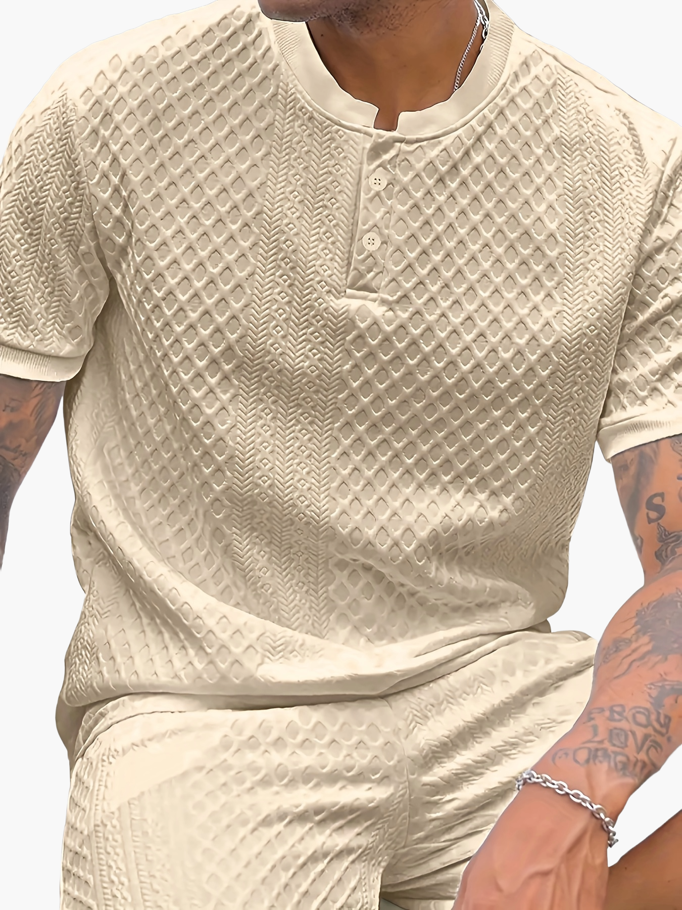 Herren Sommer Set – Strukturierte Freizeit Zweiteiler mit Knopfleiste, Kurzarm und Stehkragen