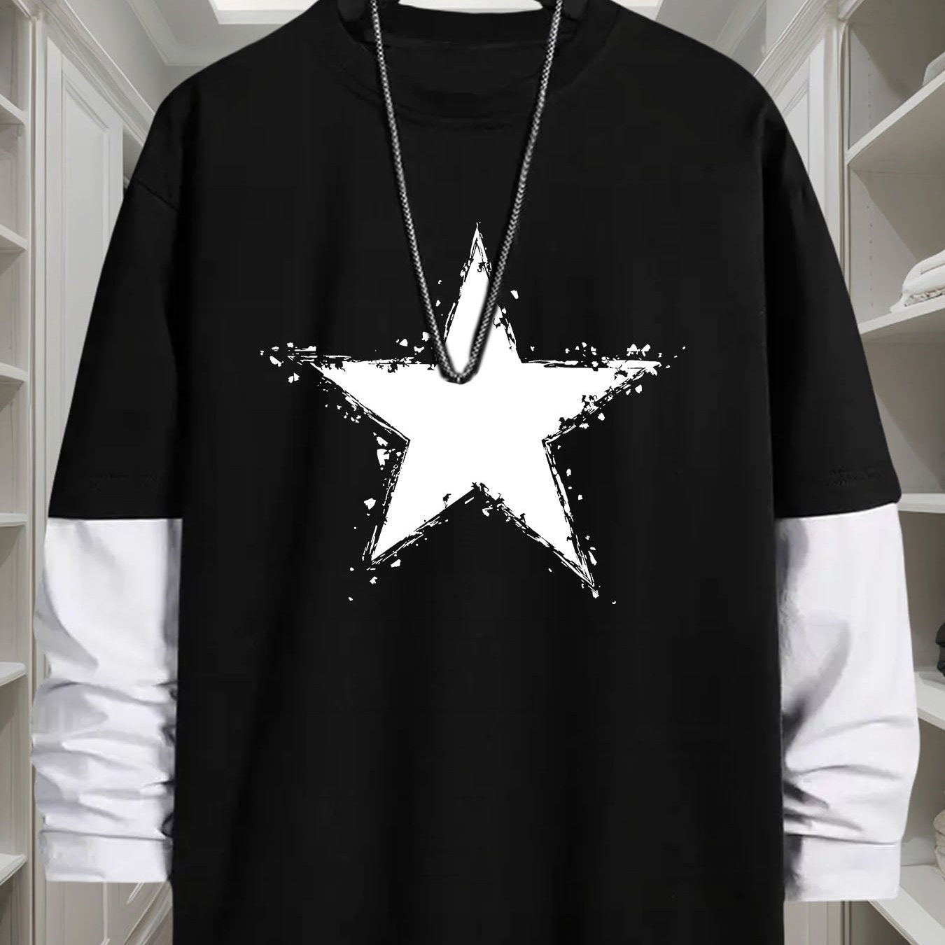 Men’s long-sleeve T-shirt with star print and contrast sleeves
