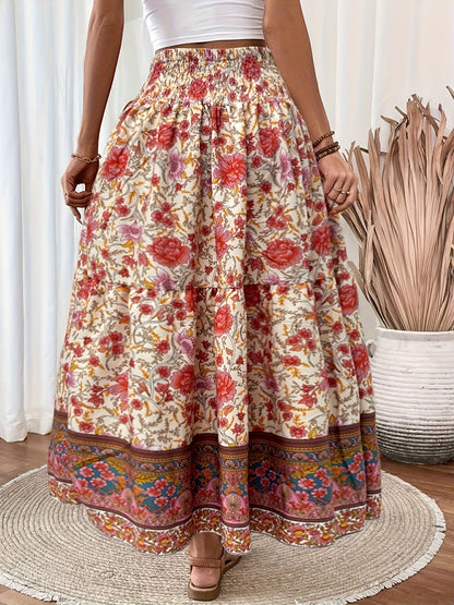 Women's Boho Maxi Skirt with Floral Pattern and Drawstring – Elegant Summer Skirt for Casual Wear and Vacation