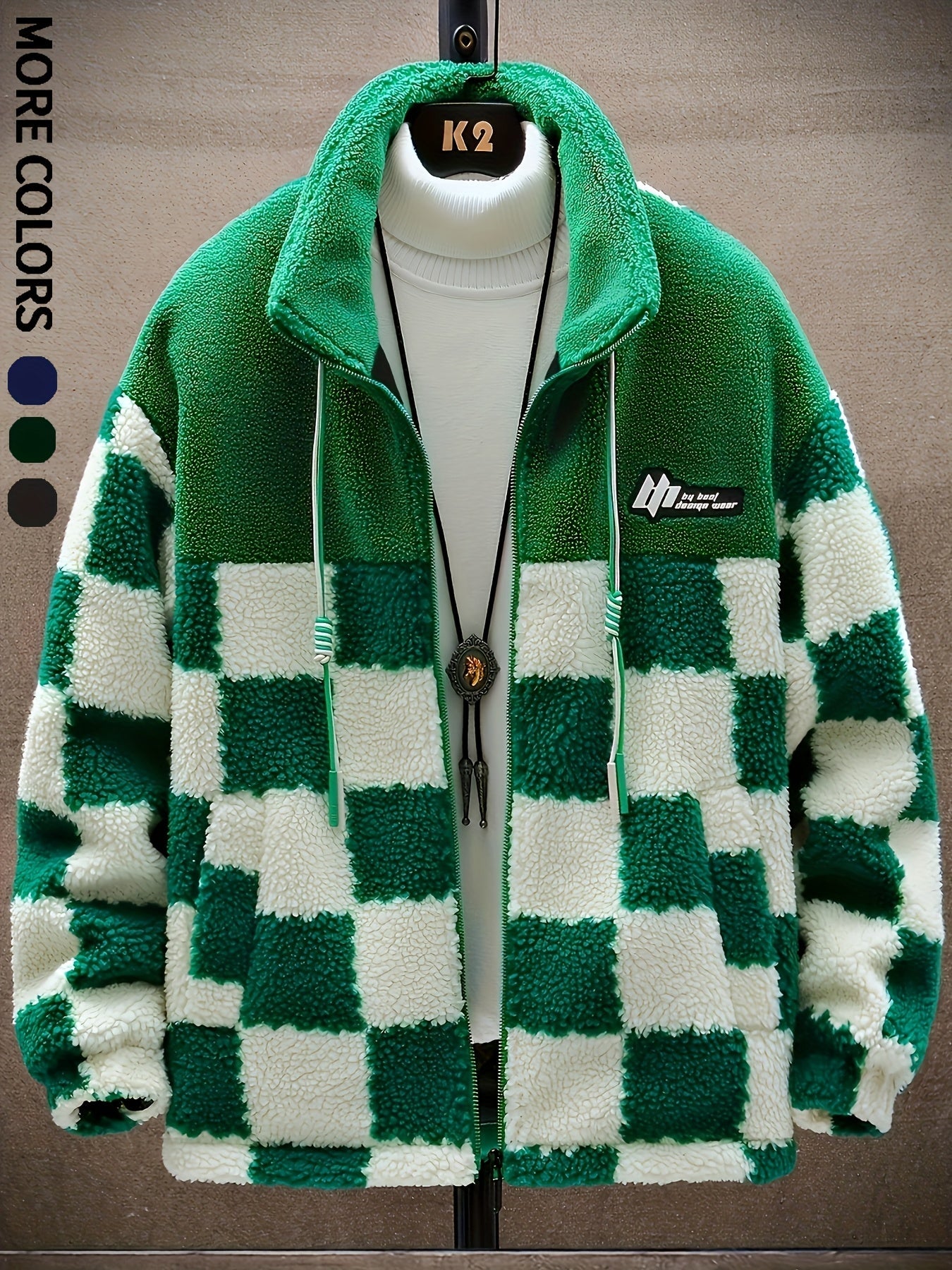 Unisex Fleecejacke mit Schachbrettmuster Reißverschluss Stehkragen