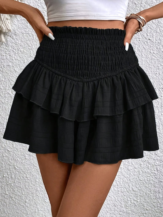 Women's Flounce Mini Skirt with Ruffles and Smocked Waist – Summer Casual Style