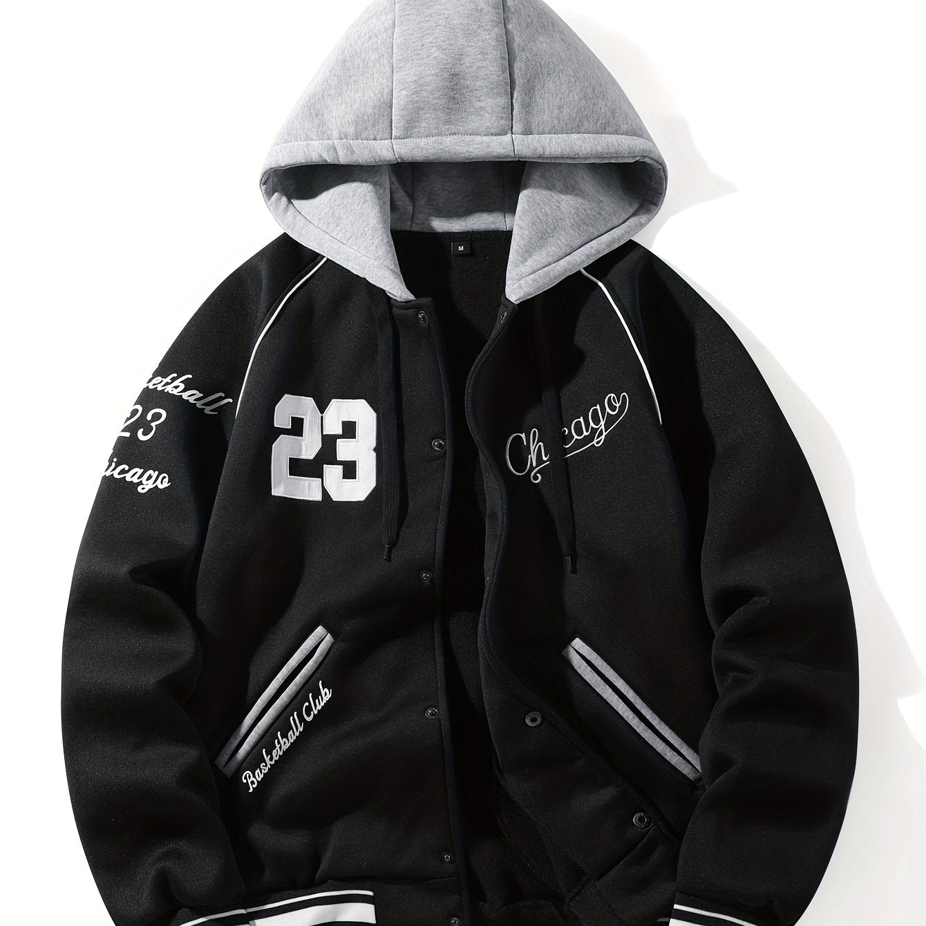 Men’s baseball jacket with hood, snap buttons, embroidery, and ribbed cuffs