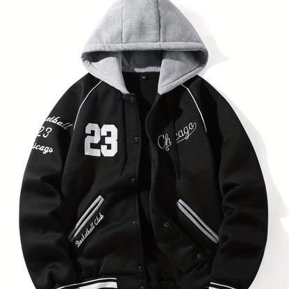 Men’s baseball jacket with hood, snap buttons, embroidery, and ribbed cuffs