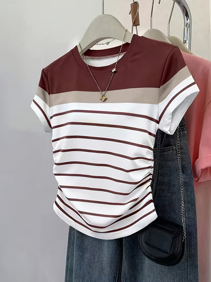 Women's striped T-shirt with ruching – Elegant casual style for summer