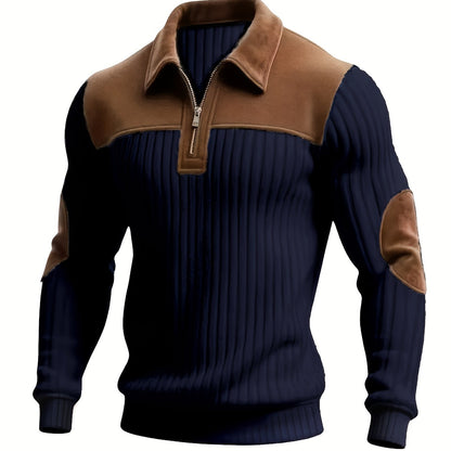 Herren Rippstrick Pullover mit Reißverschlusskragen und Kontrastdetails
