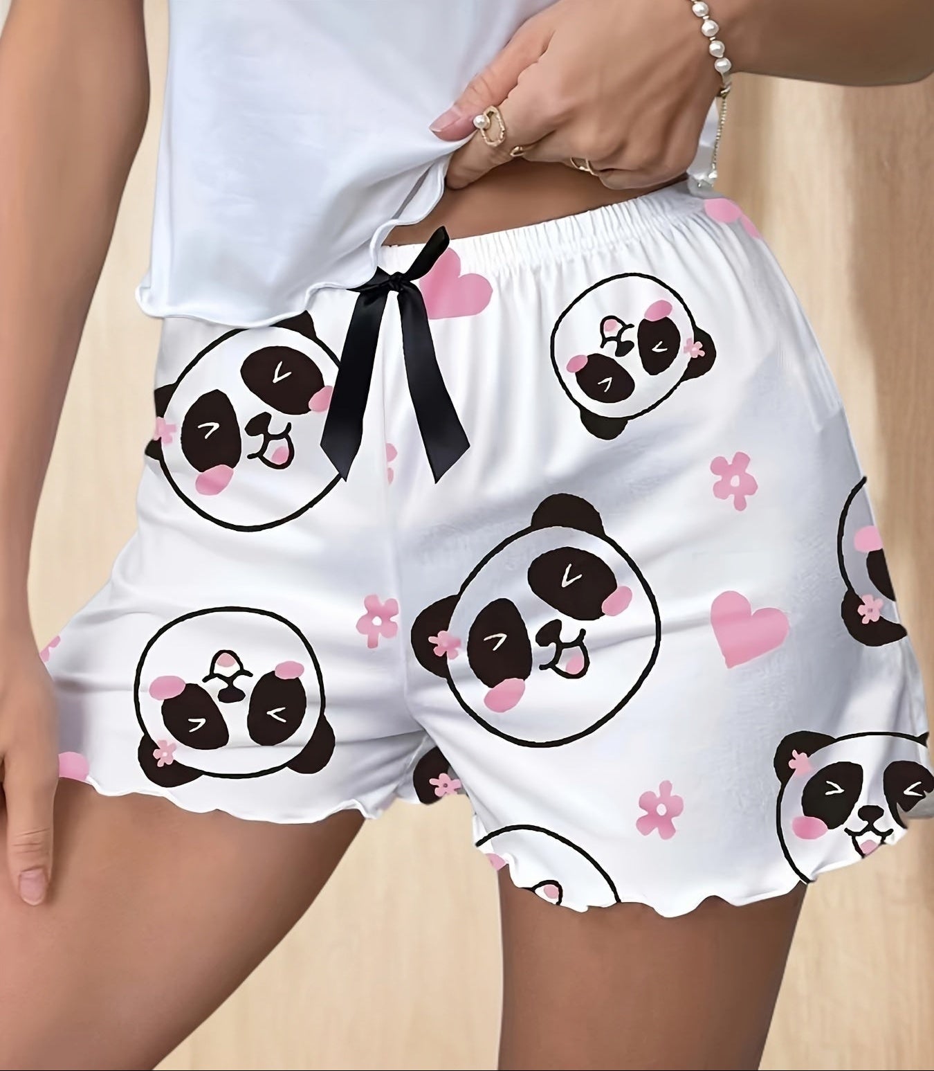 Women's pajama shorts with panda print and bow – cute sleepwear for spring & summer, casual style