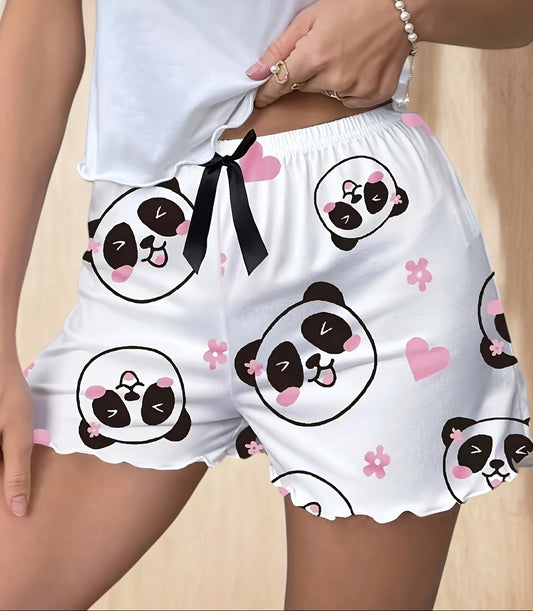 Women's pajama shorts with panda print and bow – cute sleepwear for spring & summer, casual style