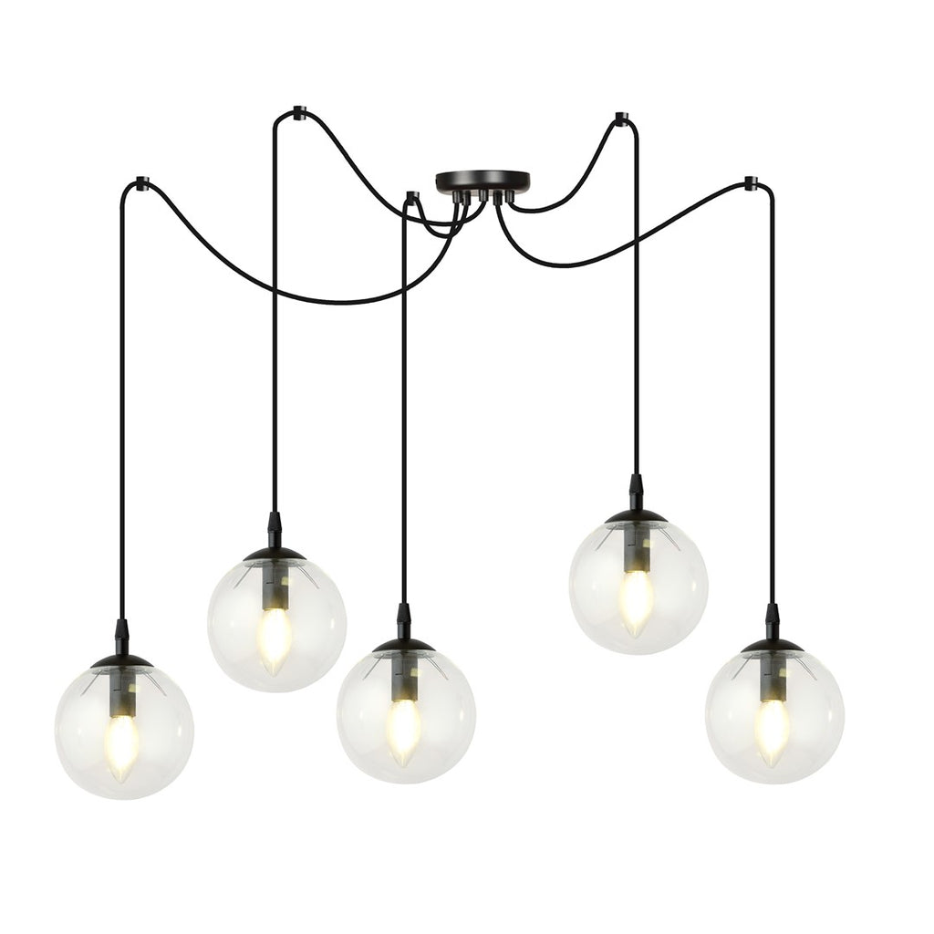 Zwarte hanglamp met vijf pendels en transparante glazen bolkappen met zichtbare ledlampen