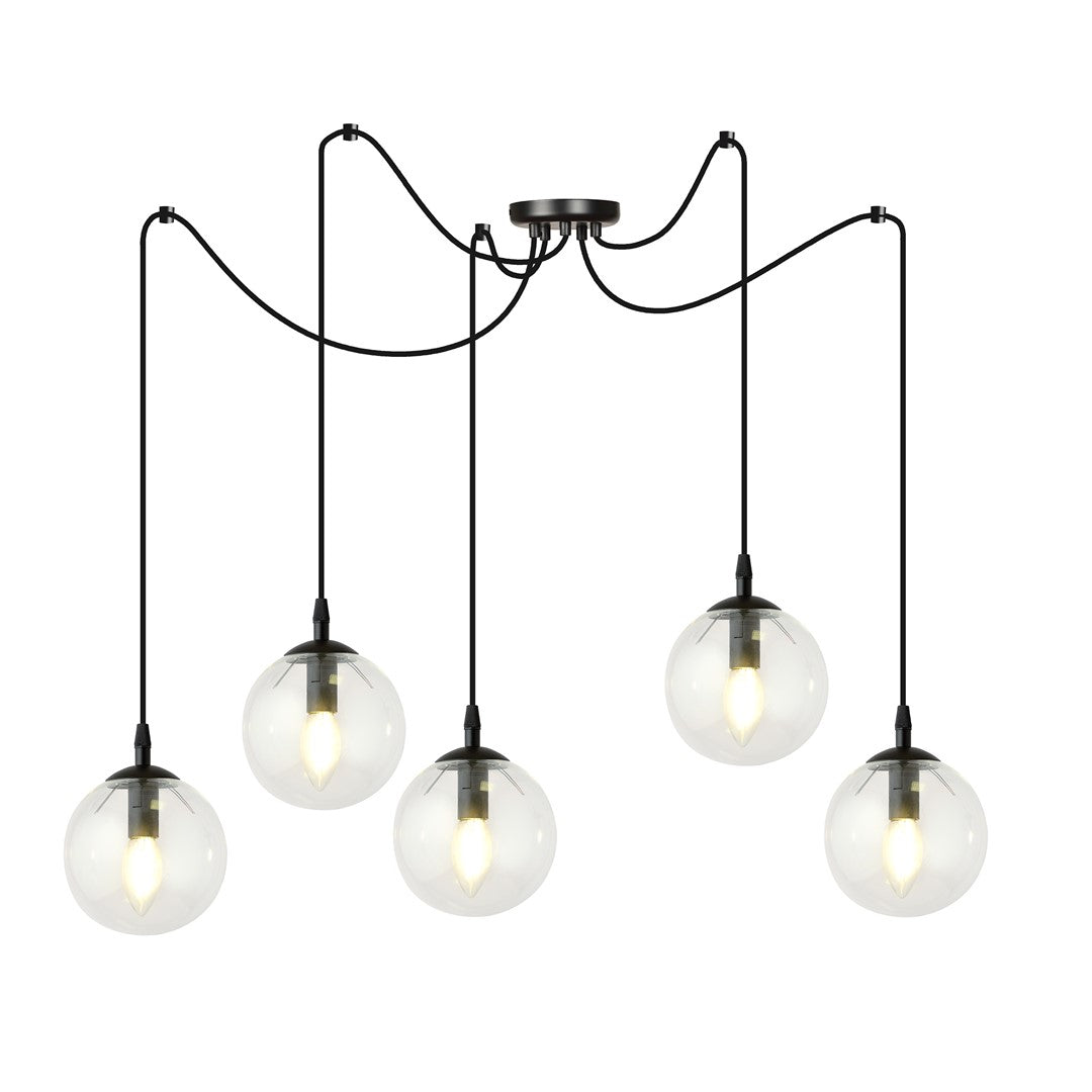 Zwarte hanglamp met vijf pendels en transparante glazen bolkappen met zichtbare ledlampen