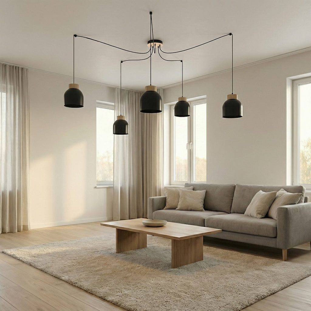 Hanglamp 5 lichts gepoedercoat staal en hout Kru, Scandinavisch, zwart, verstelbare hoogte, eettafel
