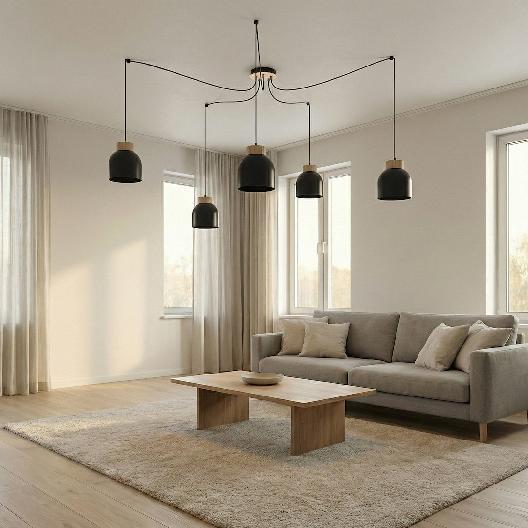 Hanglamp 5 lichts gepoedercoat staal en hout Kru, Scandinavisch, zwart, verstelbare hoogte, eettafel