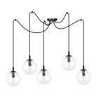 Hanglamp 5 lichts gepoedercoat staal en glas, modern, zwart met transparante kappen Ø 14 cm