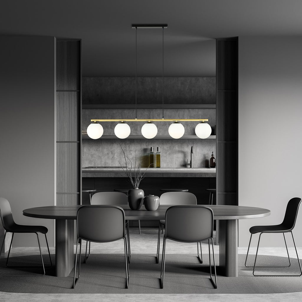 Hanglamp gepoedercoat staal en glas Allora 5 lichts, wit met zwart en goud, 105 cm breed, eetkamer