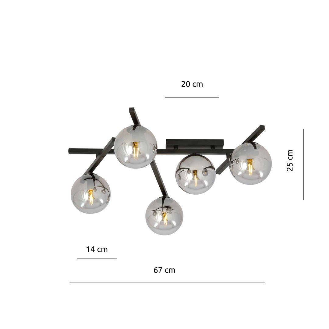 Plafondlamp staal Smart 5 modern zwart met grafiet glazen kappen, 67 cm breed, 5 x E14