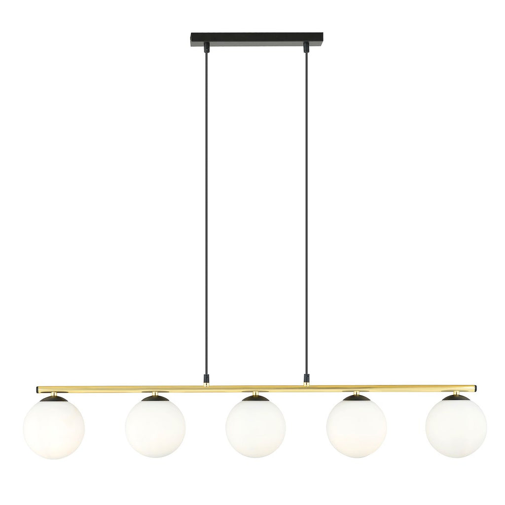 Hanglamp gepoedercoat staal en glas Allora 5 lichts, wit met zwart en goud, 105 cm breed, eetkamer