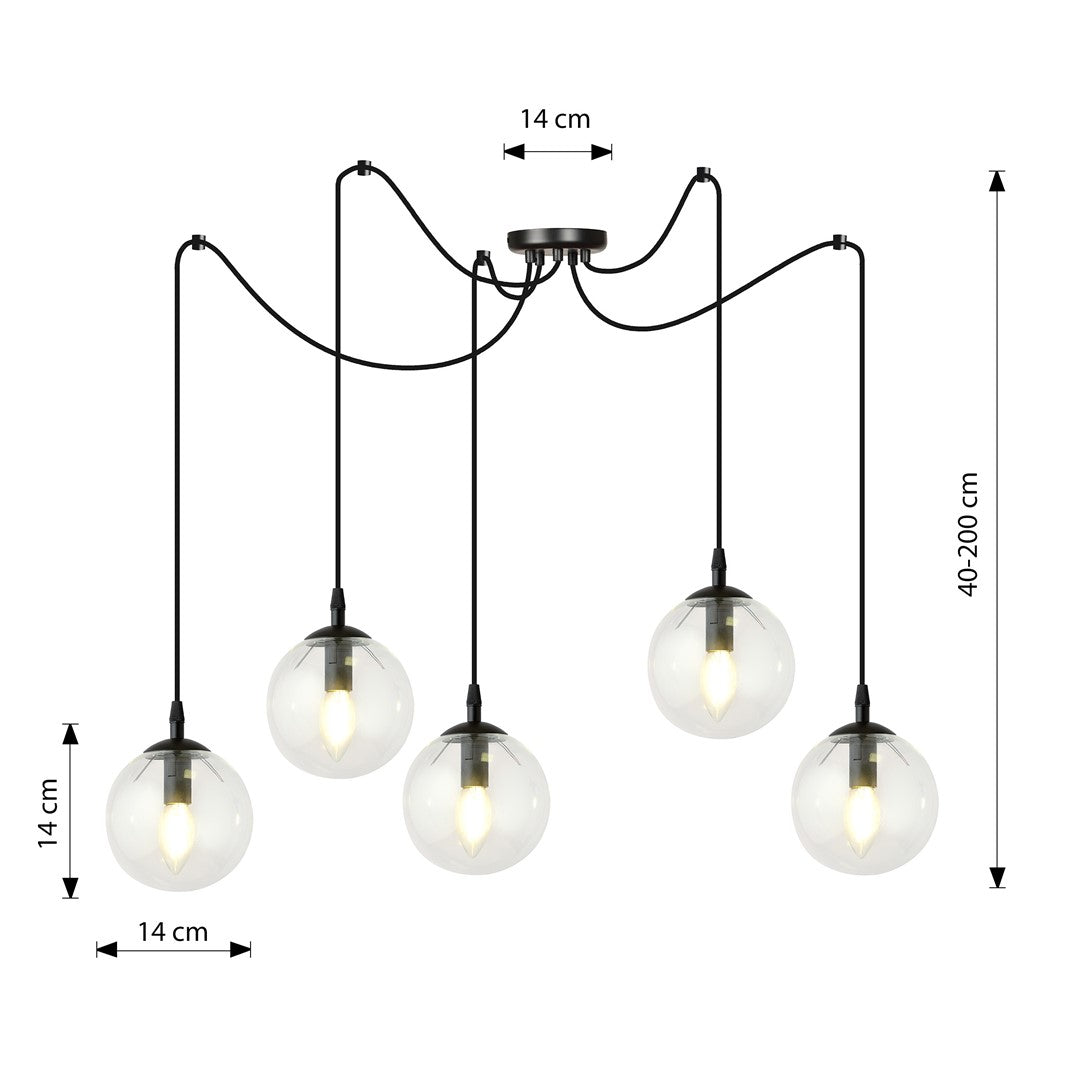 Hanglamp 5 lichts gepoedercoat staal en glas, modern, zwart met transparante kappen Ø 14 cm