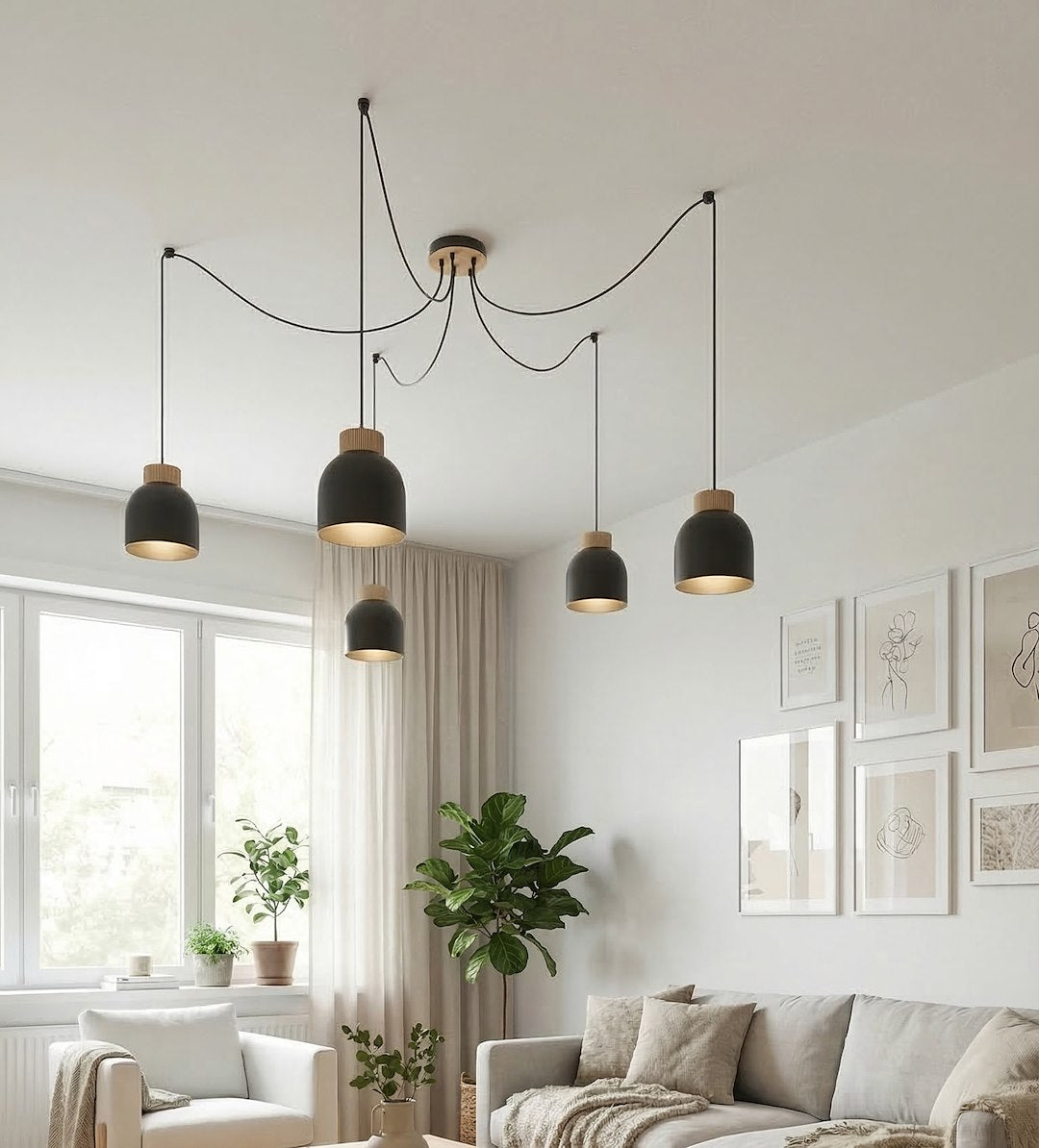 Hanglamp 5 lichts gepoedercoat staal en hout Kru, Scandinavisch, zwart, verstelbare hoogte, eettafel