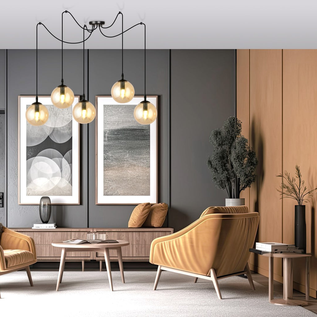 Hanglamp 5 lichtpunten gepoedercoat staal en glas, modern, zwart met amberkleurige glazen kappen Ø 14 cm