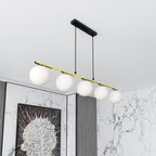 Hanglamp gepoedercoat staal en glas Allora 5 lichts, wit met zwart en goud, 105 cm breed, eetkamer