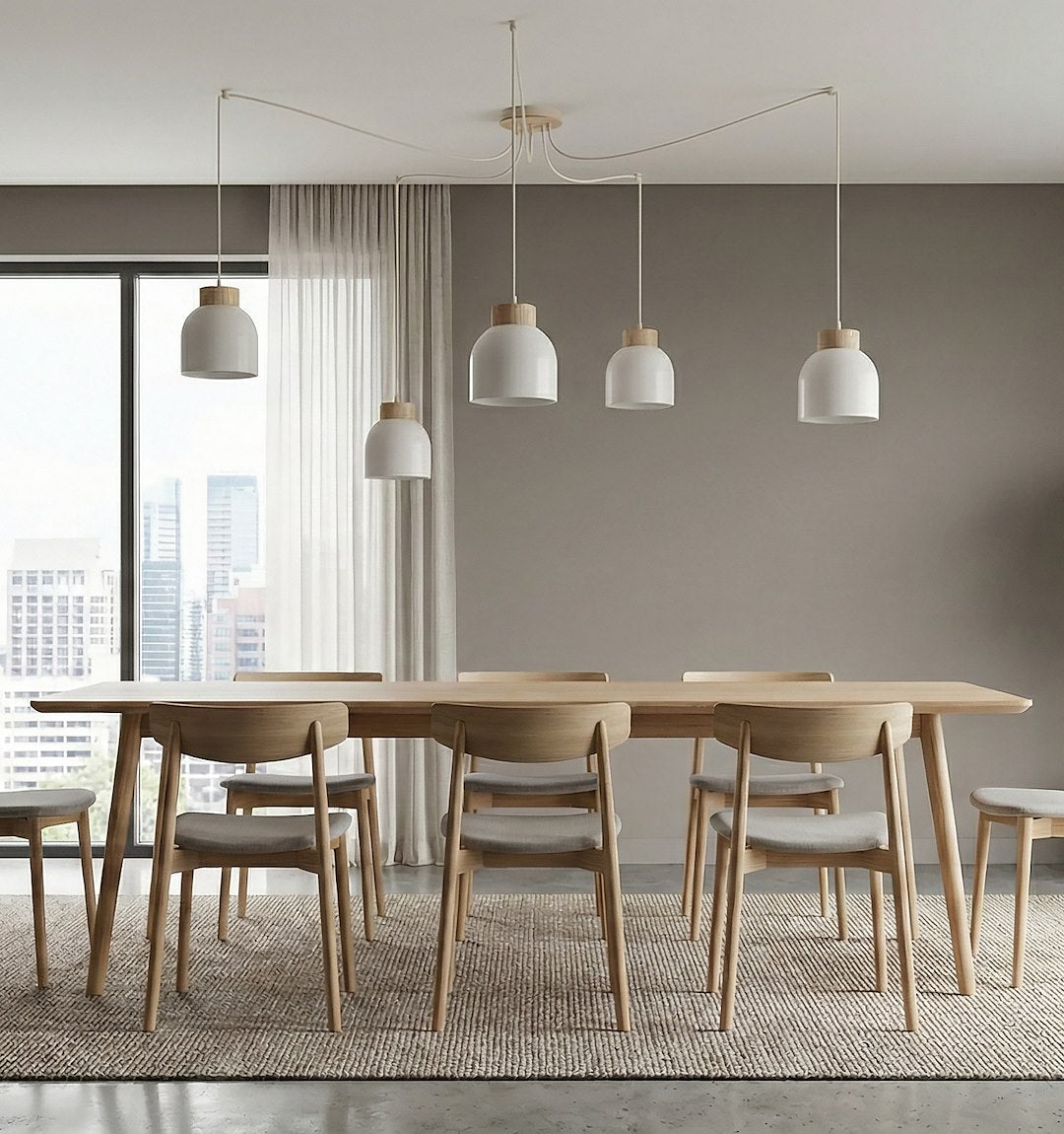 Hanglamp gepoedercoat staal en hout, Kru Scandinavisch, wit, 5 fittingen E27, verstelbare hoogte