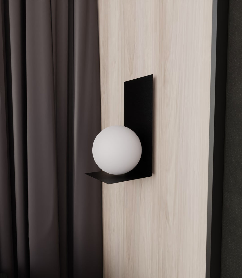 Wandlamp minimalistisch gepoedercoat staal en glas, zwart met witte glazen kap Ø 14 cm, 15 x 30 cm, voor gang en trap