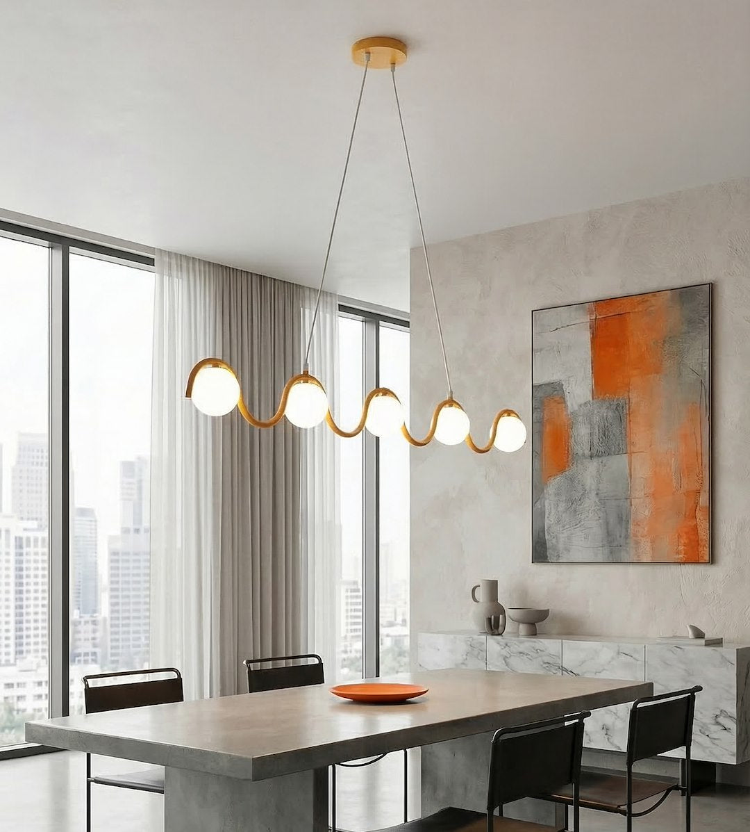 Hanglamp gepoedercoat staal en glas Sinus 5 lichtpunten, oranje met witte kappen, 110 cm, eettafel