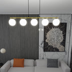 Hanglamp gepoedercoat staal en glas Allora 5 lichts, wit met zwart en goud, 105 cm breed, eetkamer