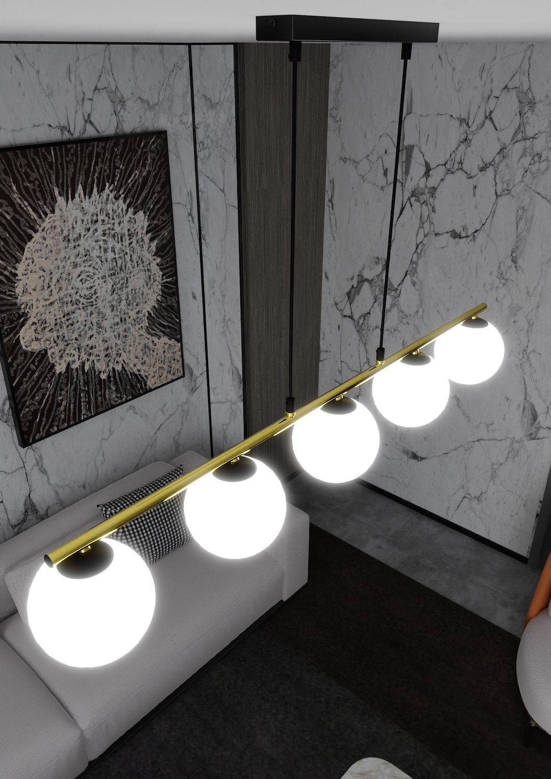 Hanglamp gepoedercoat staal en glas Allora 5 lichts, wit met zwart en goud, 105 cm breed, eetkamer
