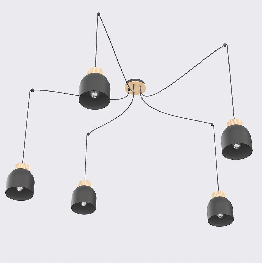 Hanglamp 5 lichts gepoedercoat staal en hout Kru, Scandinavisch, zwart, verstelbare hoogte, eettafel