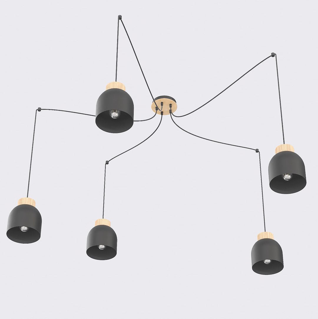 Hanglamp 5 lichts gepoedercoat staal en hout Kru, Scandinavisch, zwart, verstelbare hoogte, eettafel
