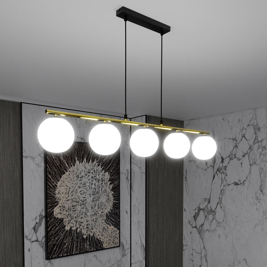 Hanglamp gepoedercoat staal en glas Allora 5 lichts, wit met zwart en goud, 105 cm breed, eetkamer