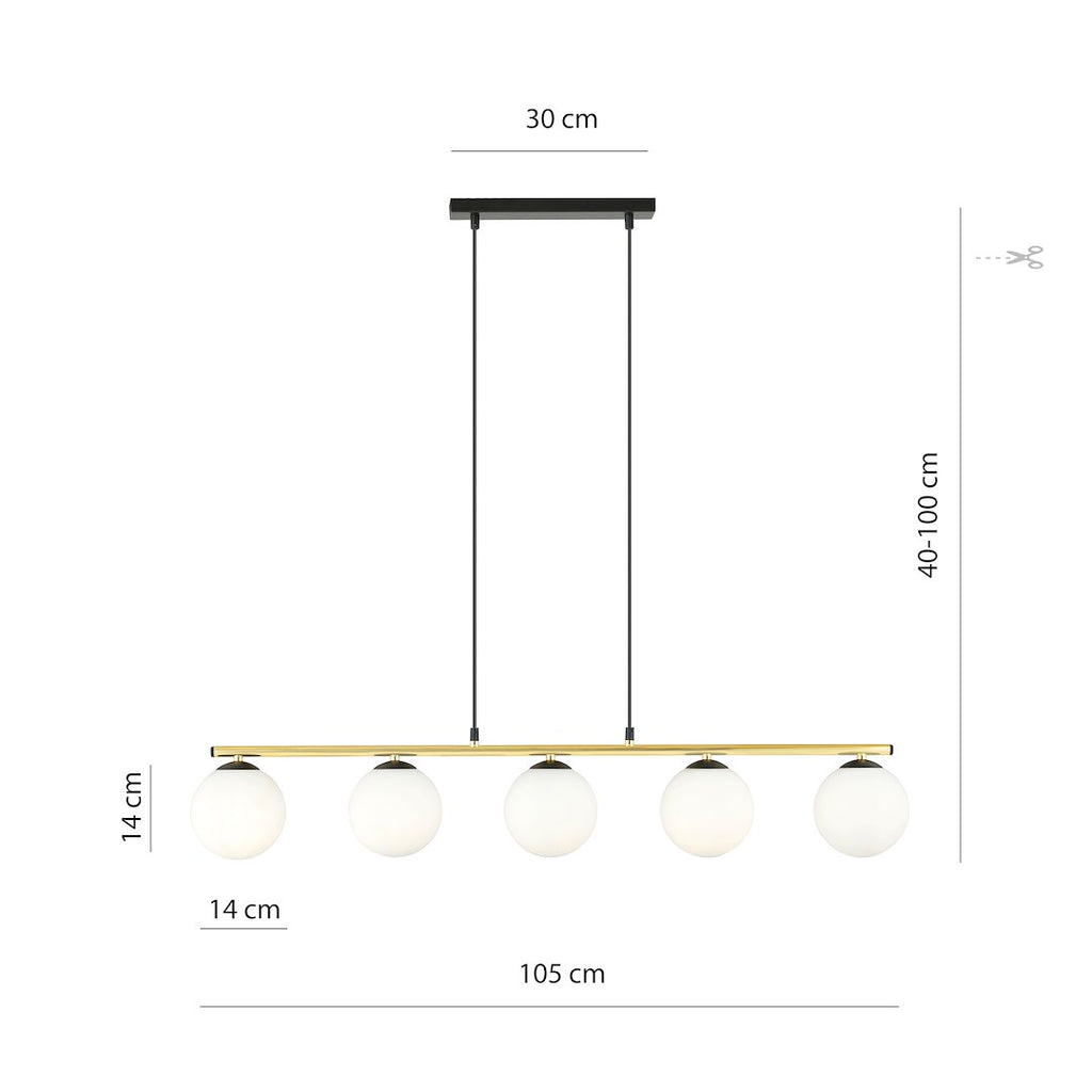 Hanglamp gepoedercoat staal en glas Allora 5 lichts, wit met zwart en goud, 105 cm breed, eetkamer