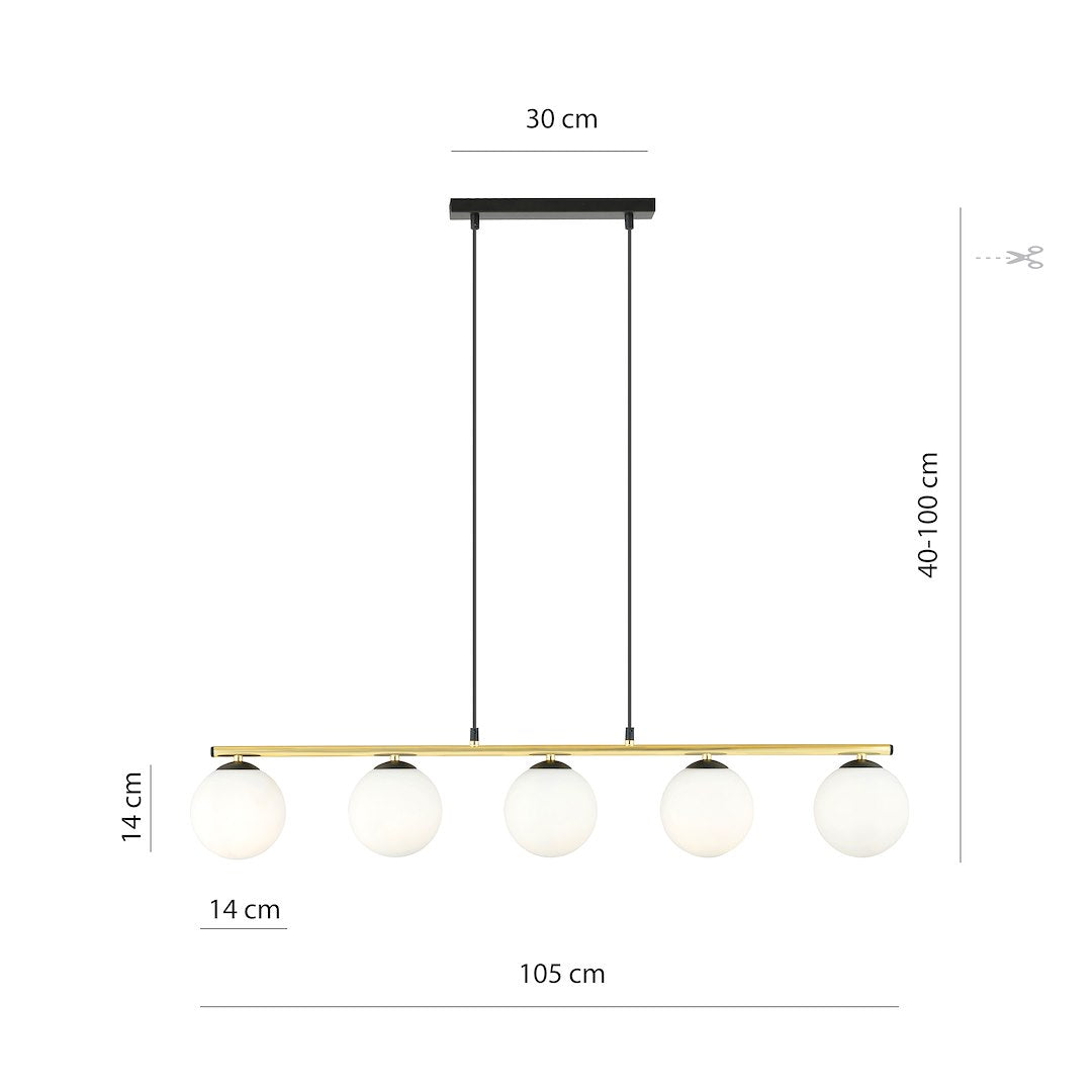 Hanglamp gepoedercoat staal en glas Allora 5 lichts, wit met zwart en goud, 105 cm breed, eetkamer