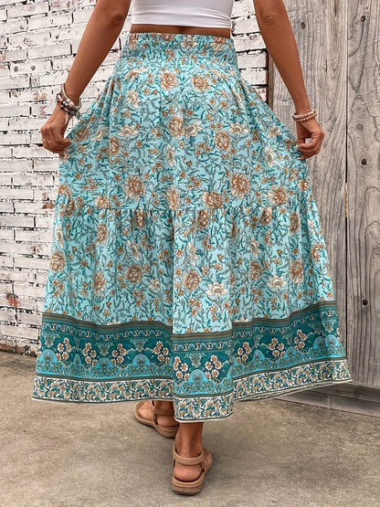 Women's Boho Maxi Skirt with Floral Pattern and Drawstring – Elegant Summer Skirt for Casual Wear and Vacation